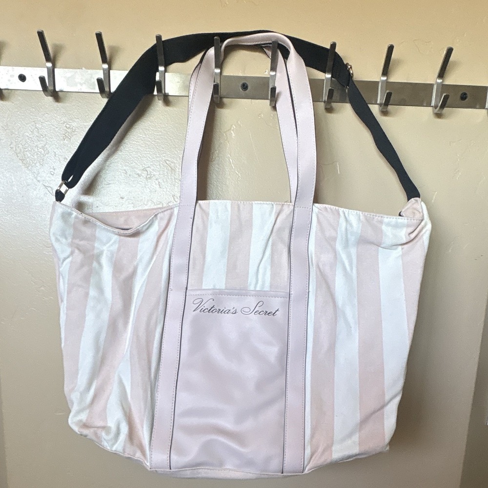 Victoria's Secret Pink White Striped Canvas Tote Bag Zip Gold Hardware Det Strap
